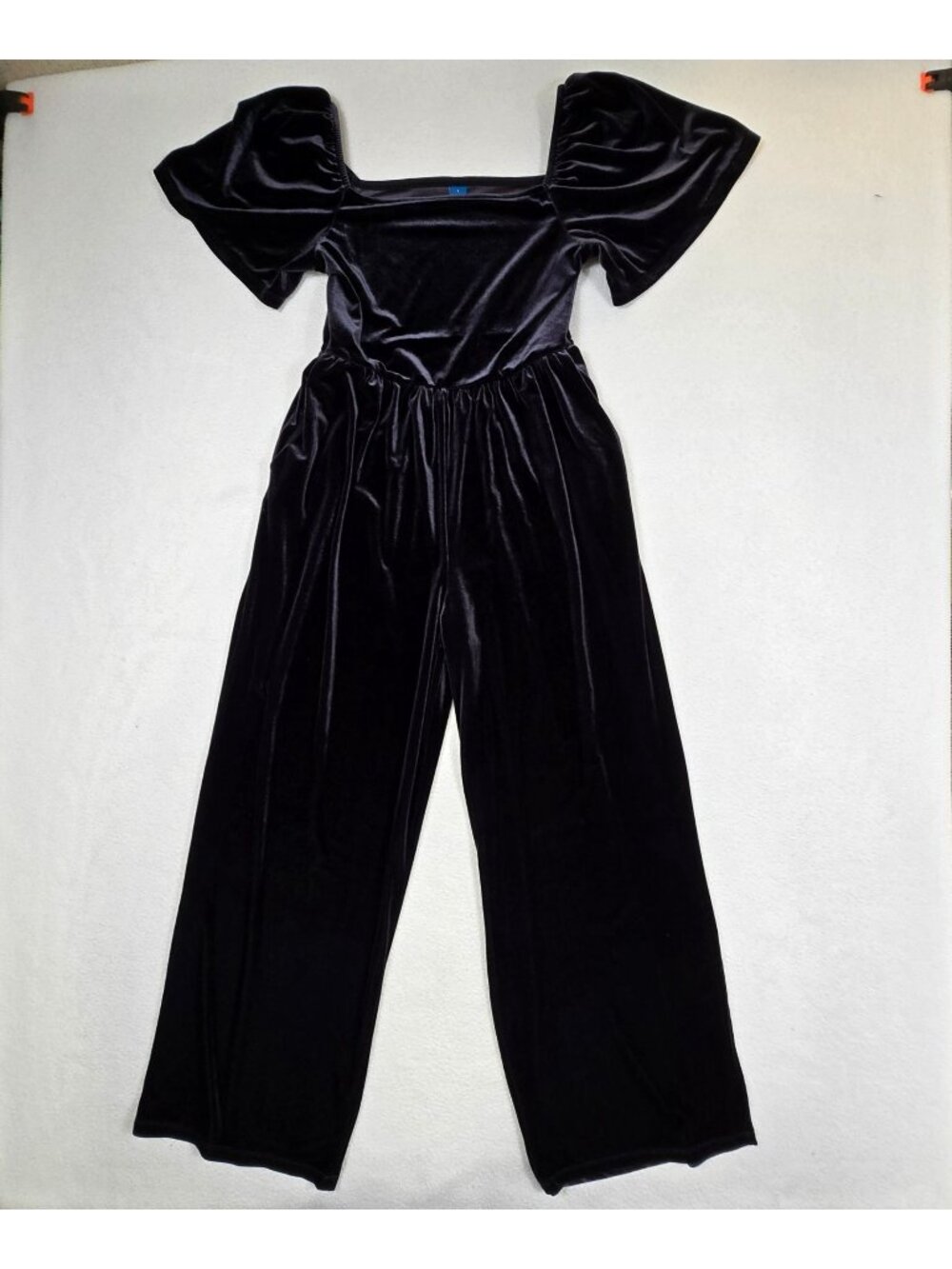 Old Navy Womens Large Velvet Jumpsuit Black Puff Sleeve Square Neck Wide Leg
